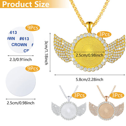 9 Pieces Sublimation Blank Necklace with Chain Set Blank Necklace Rhinestone Wing Shape Bezel Pendant Tray, 25 mm Sublimation Sheet, Double Sided Tape for DIY (Round Shape Style)