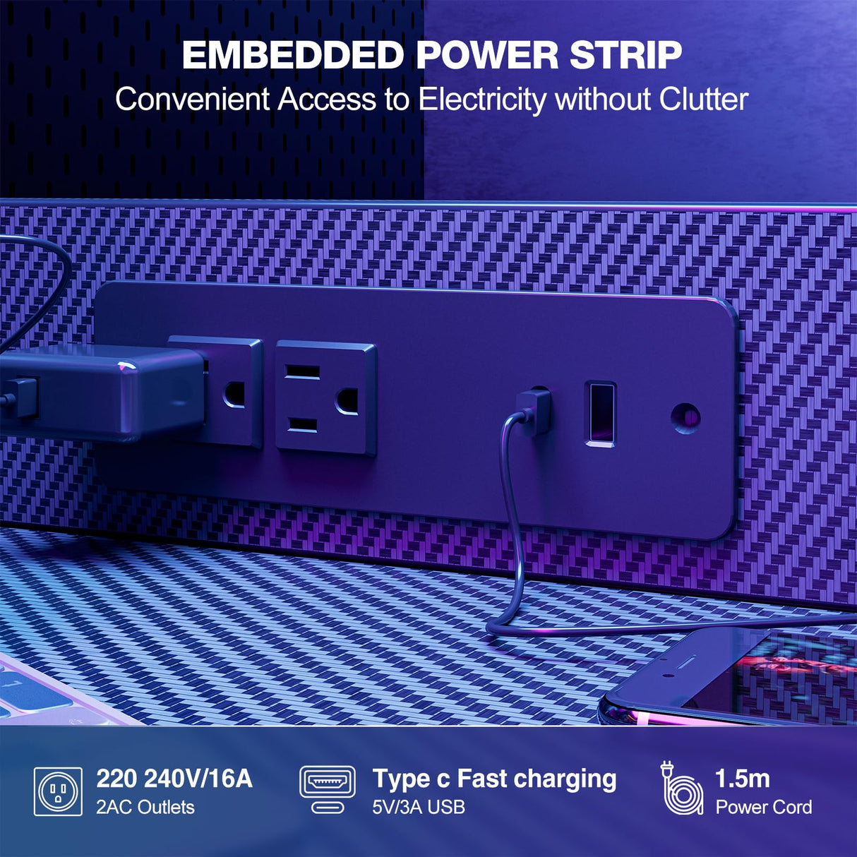 Grandder Gaming Desk 40 Inch with Power Outlet and LED Light, Computer Desk with Reversible Shelves and Storage Drawer, Pc Small Desk for Home Office Table with Bag, Carbon Fiber Black Grandder