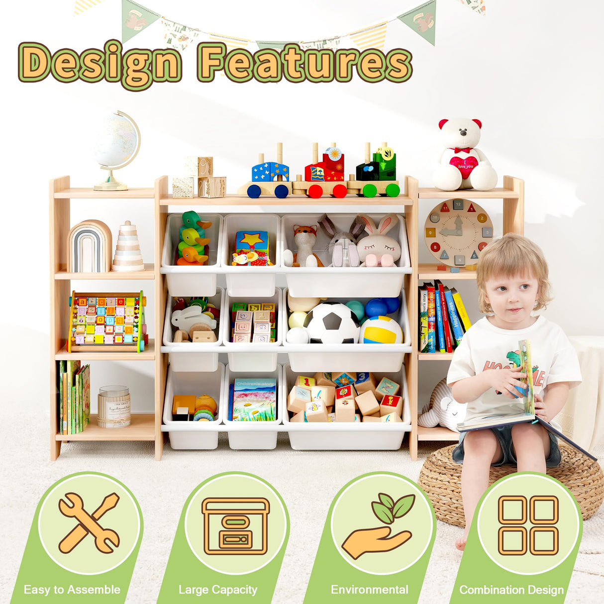 MallBest 4-Tier Kids' Toy Storage Organizer Shelf - 100% Solid Wood,Extra Wide Children's Storage Cabinet with 9 Plastic Bins and 3 Storage Ports MallBest