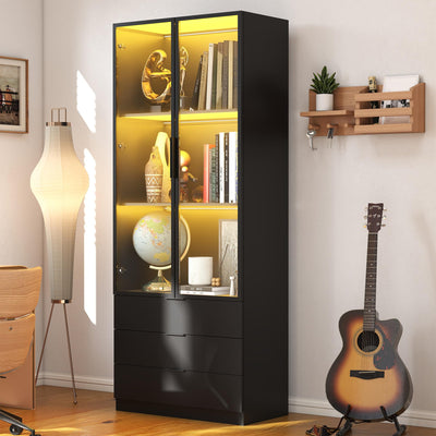 Mhsatyrs Display Cabinet with Glass Doors: 79" Black Tall Bookcase with Cabinet with 2 Doors and 3 Color Lights，Curio Bookshelf with Glass Door and 3 Drawers(Black)
