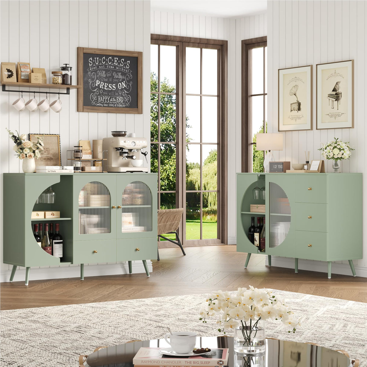 FACBOTALL Coffee Bar Cabinet, Buffet Sideboard Cabinet with 2 Drawers and Fluted Glass Door, Wine Bar Cabinet for Kitchen, Dining Room, Living Room, Modern Kitchen Storage Cabinet Green FACBOTALL