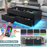 LED Coffee Table with Lift Top Morden Coffee Table with Storage High Gloss Black Sofa Table for Living Room Center Tables Hidden Compartment & 2 Drawers HOMMPA