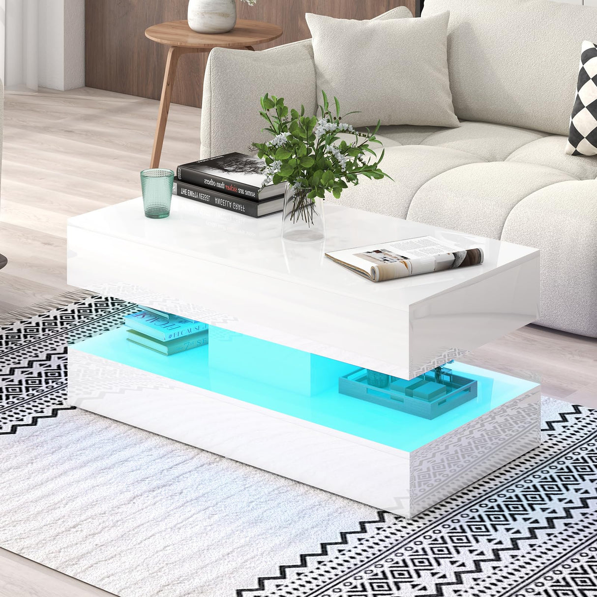 Verano Garden Modern High Gloss LED Coffee Table with Storage, 2-Tier Center Table with Open Display Shelf & 2 Sliding Drawers, Rectangle Coffee Tables for Living Room, Bedroom, White Verano Garden