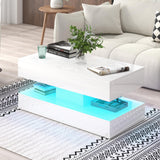 Verano Garden Modern High Gloss LED Coffee Table with Storage, 2-Tier Center Table with Open Display Shelf & 2 Sliding Drawers, Rectangle Coffee Tables for Living Room, Bedroom, White Verano Garden
