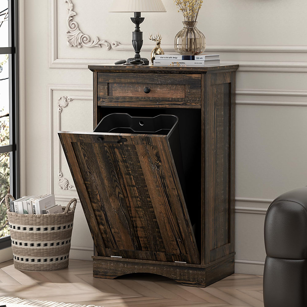 Spurgehom Tilt Out Trash Cabinet Kitchen Waste Bins, Laundry Hamper 13 Gallon Tilt Out Pet Proof Hidden Trash Bin for Kitchen Living Room, Rustic Black Spurgehom