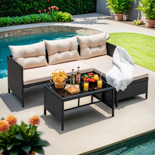 Devoko Outdoor Patio Furniture 3-Piece Rattan Water Resistant Patio Conversation Set All Weather Sectional Patio Sofa with Thick Cushion Glass Table for Balcony, Garden (Beige)