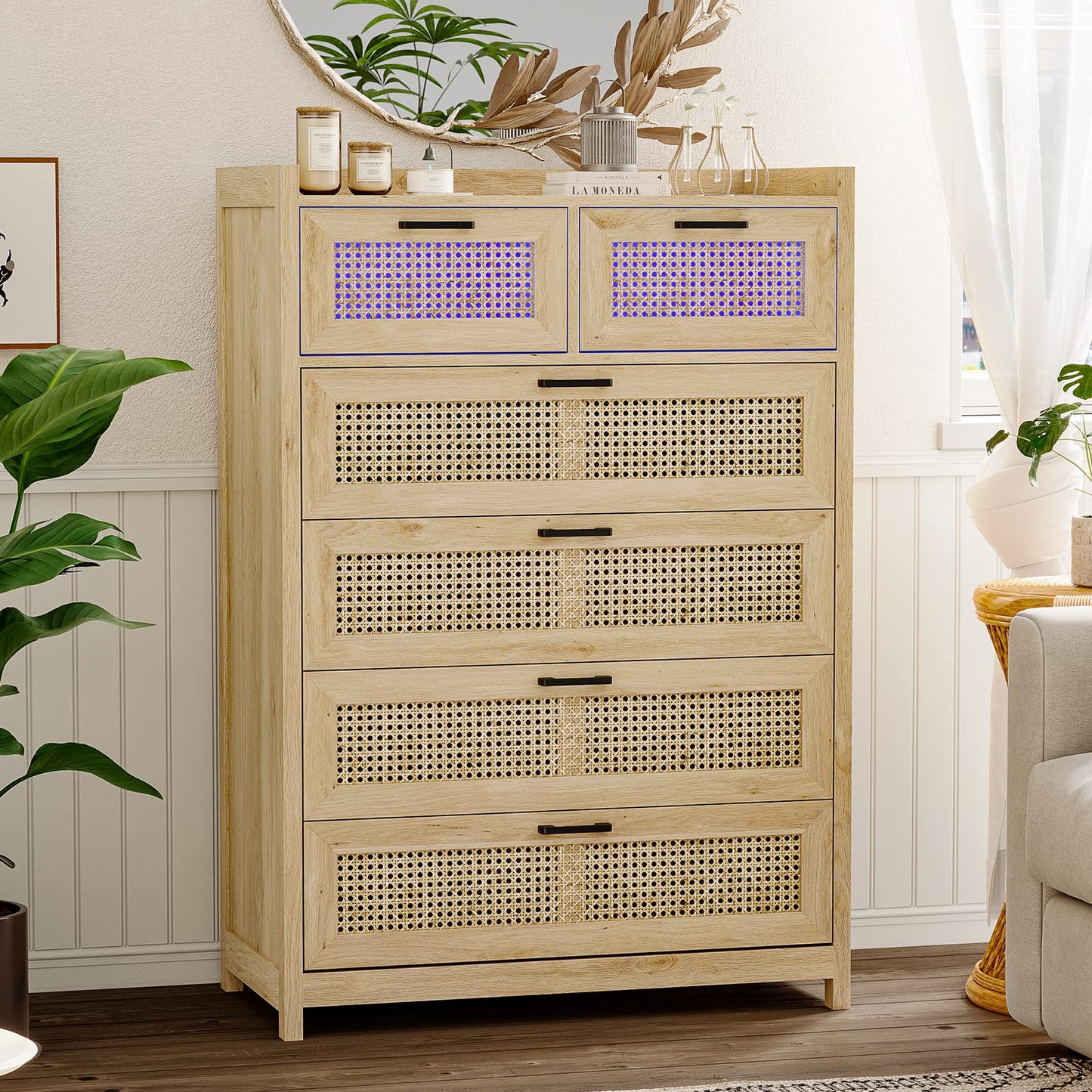 VIAGDO 6 Drawer Dresser for Bedroom, Rattan Chest of Drawers with LED Lights, Wood Storage Dresser Chest with Metal Handle, Modern Dresser for Closet, Bedroom, Living Room, Hallway - WoodArtSupply