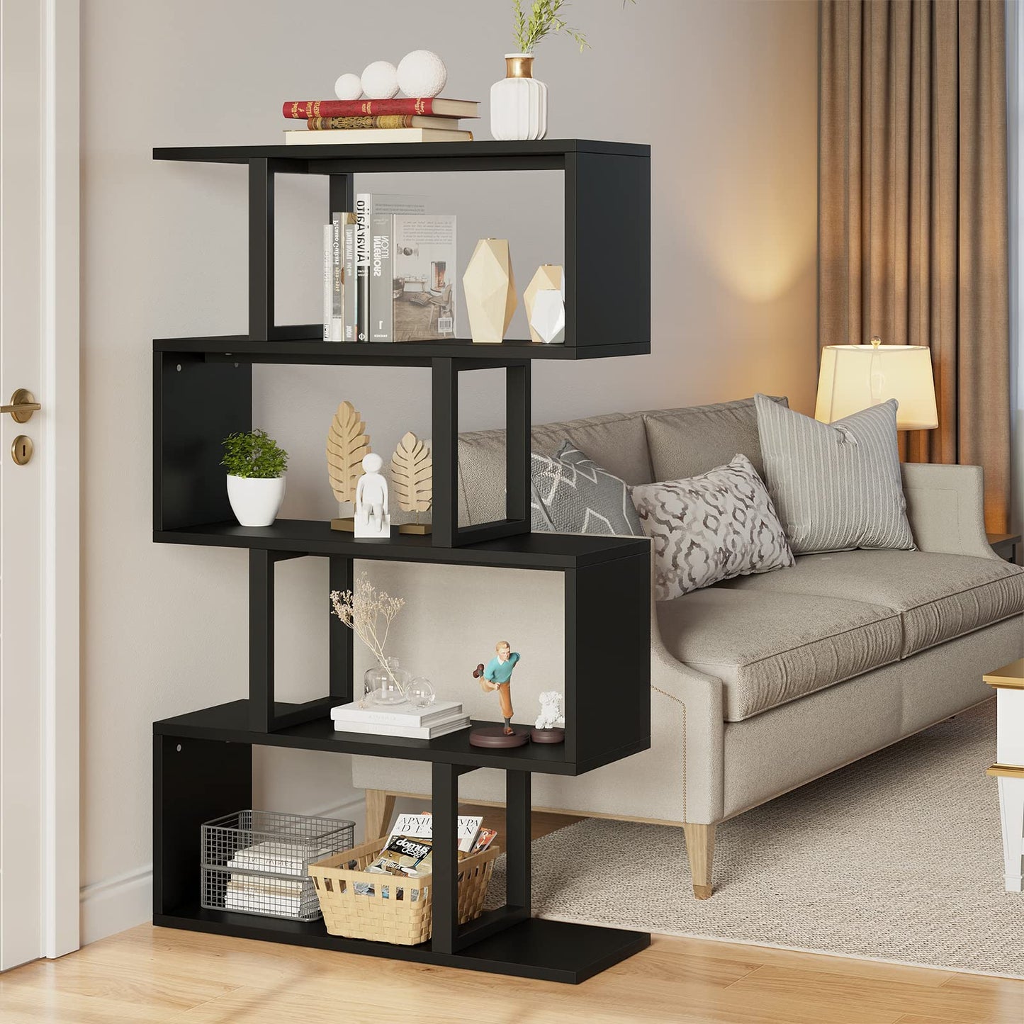 YITAHOME 5-Tier Bookshelf, S-Shaped Z-Shelf Bookshelves and Bookcase, Modern Freestanding Multifunctional Decorative Storage Shelving for Living Room Home Office, Black