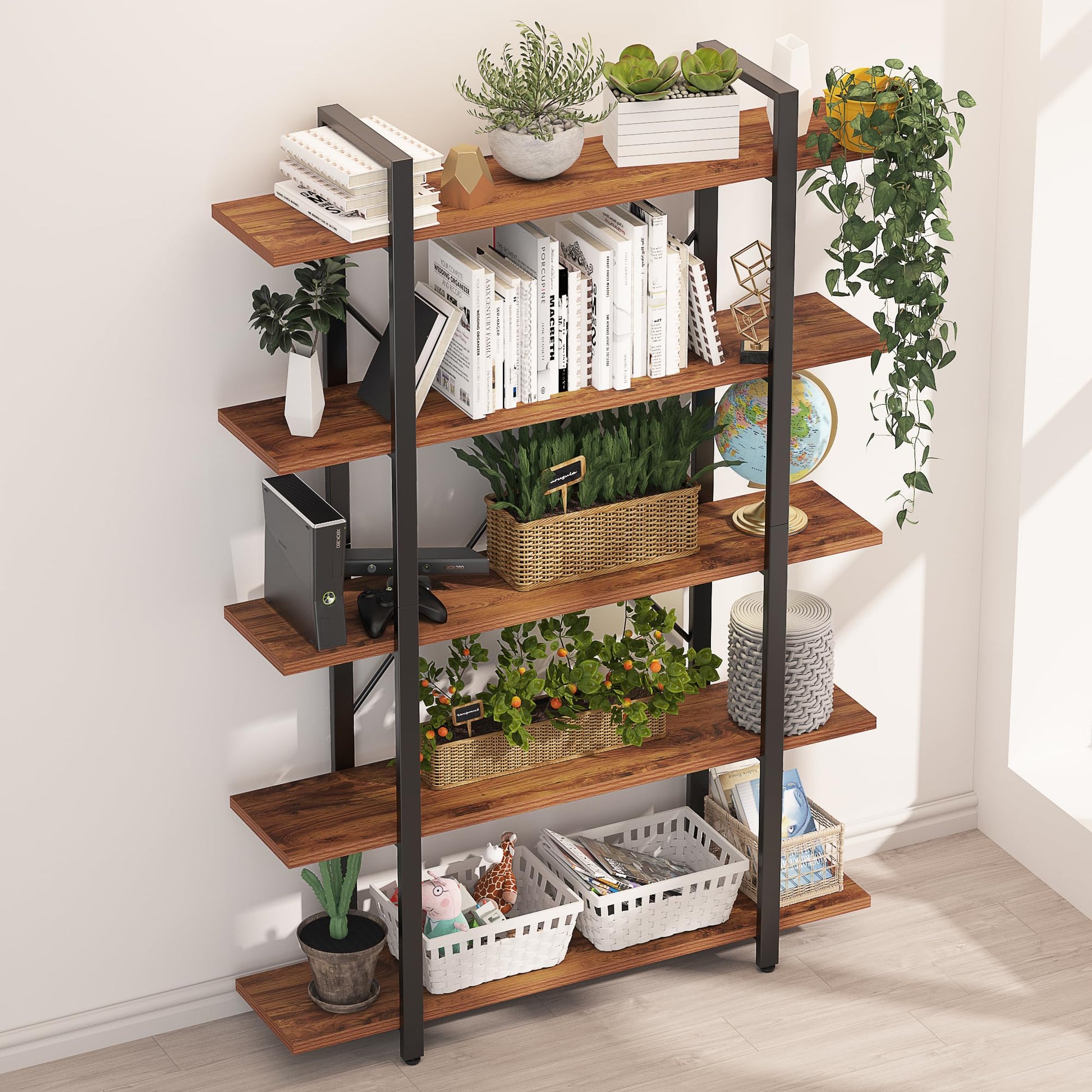 BATHWA 5-Tier Rustic Industrial Bookshelf - 6ft Tall Wooden and Metal Bookcase for Home & Office Storage - WoodArtSupply