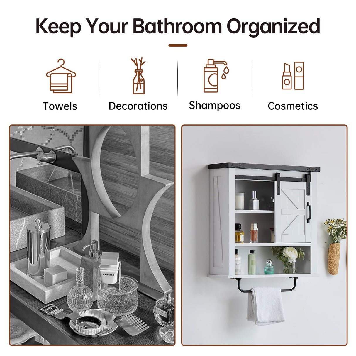 Bathroom Wall Cabinet, Above Toilet Storage Cabinet with Towel Bar, Farmhouse Medicine Cabinet with Sliding Barn Door, 23 Inch Storage Cabinet, Easy to Clean for Bathroom, Bedroom, Kitchen, White Real Relax