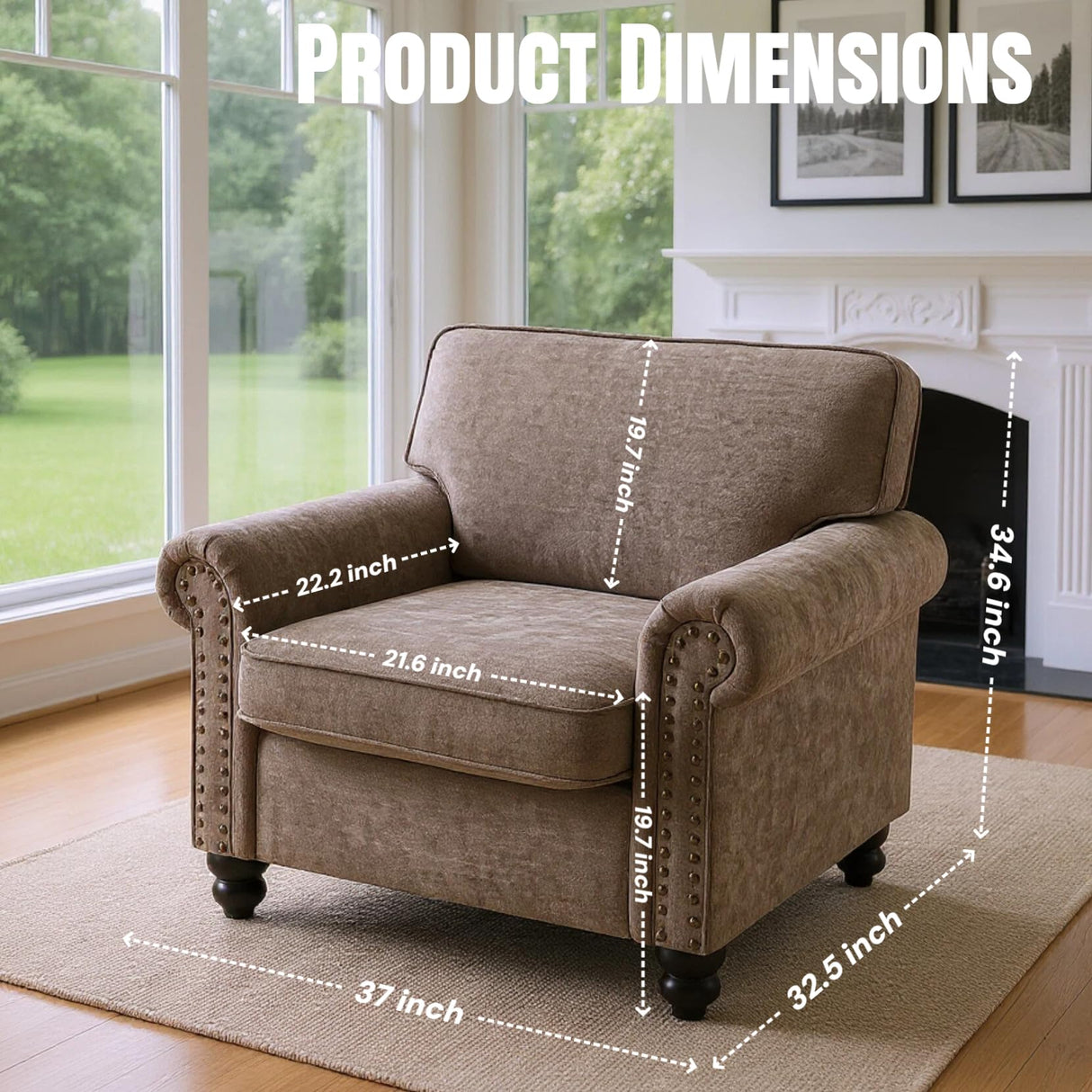 Sivoey Nailhead Armchair, Rolled Arms Accent Chair for Living Room, Single Sofa Chair with Springs Seat Cushion & Wooden Legs, Mid-Century Armchair for Apartment, Office, Farmhouse, Light Brown Sivoey