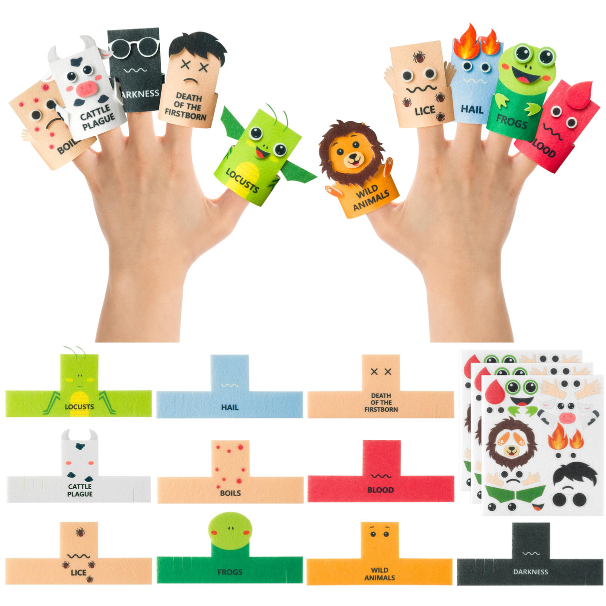 COcnny Passover Plagues Finger Puppets - 30pcs DIY Passover Toy Ten Plague Felt Hand Puppet Making Kit for Kids, Make Your Own Art Crafts Fingers Toys, Story Time Jewish Pesach Seder Supplies COcnny