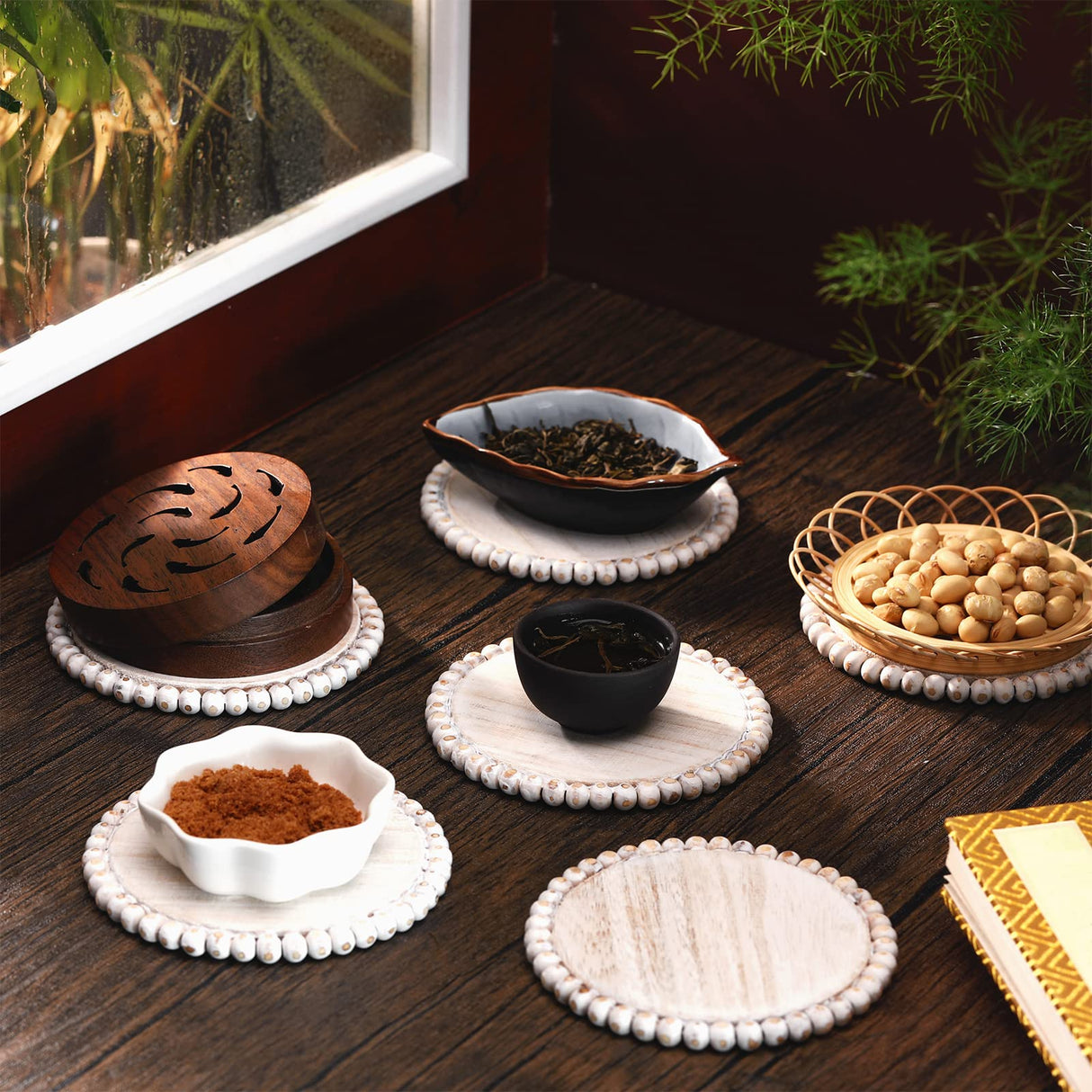 6 Pcs Beaded Wood Coasters Sets 3.94 Inches Round Beaded Coasters Farmhouse Coasters Home Wood Coasters for Drinks Bar Coasters Table Top Coasters for Home Kitchen Table Housewarming (White) Honeydak