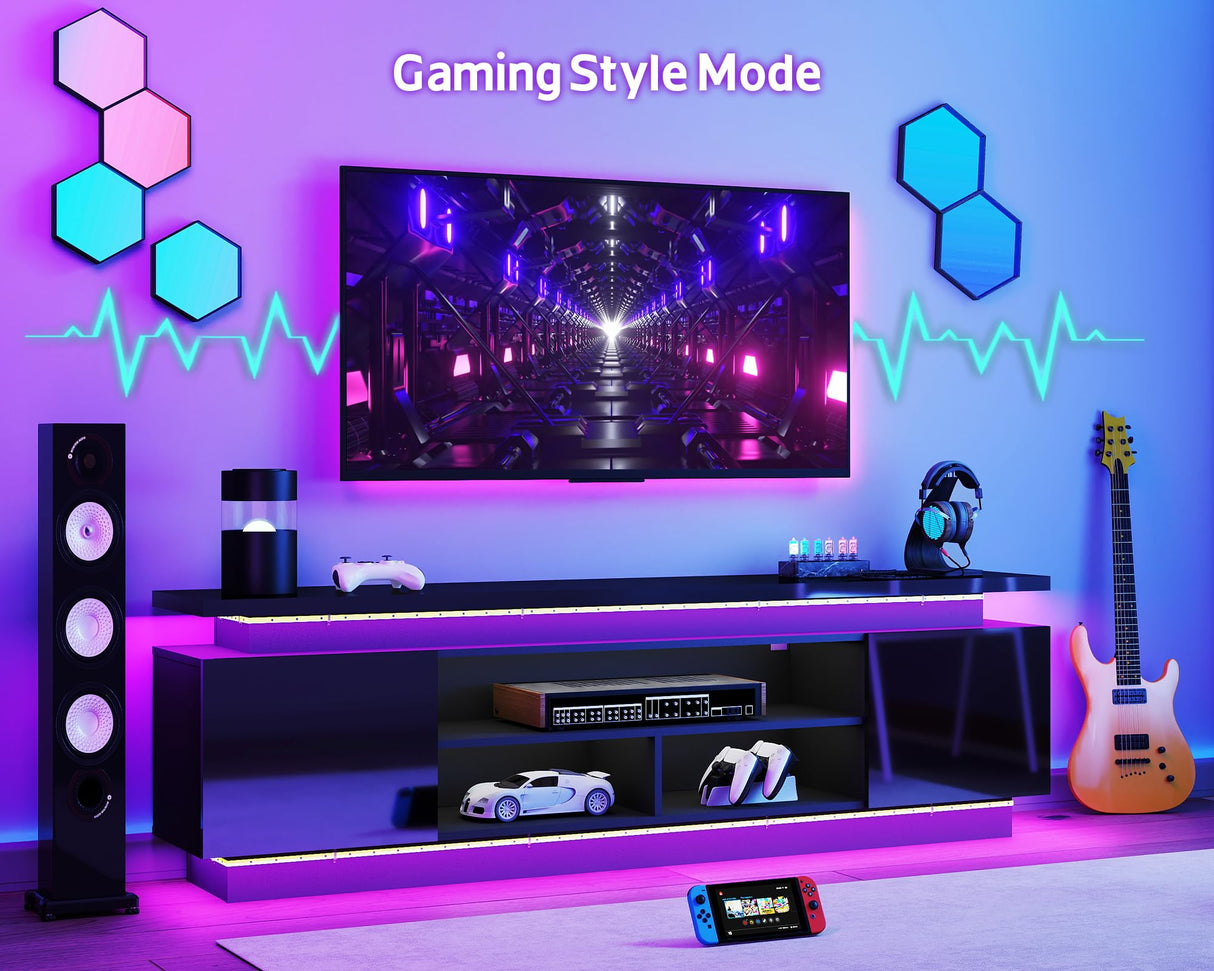 Lamtor 70 Inch TV-Stand - Television Stands for 75 80 85 Inch TV - 2 Tier Entertainment Center with 4 AC Outlets & 2 Smart RGB LED Light Strips - Media Console Table for Living Room, Pure Black Lamtor