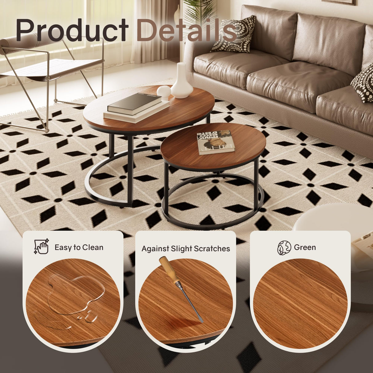 Otterease Nesting Tables Set of 2, 31.5" Round Coffee Table, Small Nesting Coffee Table with Adjustable Non-Slip Fee, Wood Grain Top Nesting Tables for Living Room, Bedroom (Wood Grain Brown) Otterease