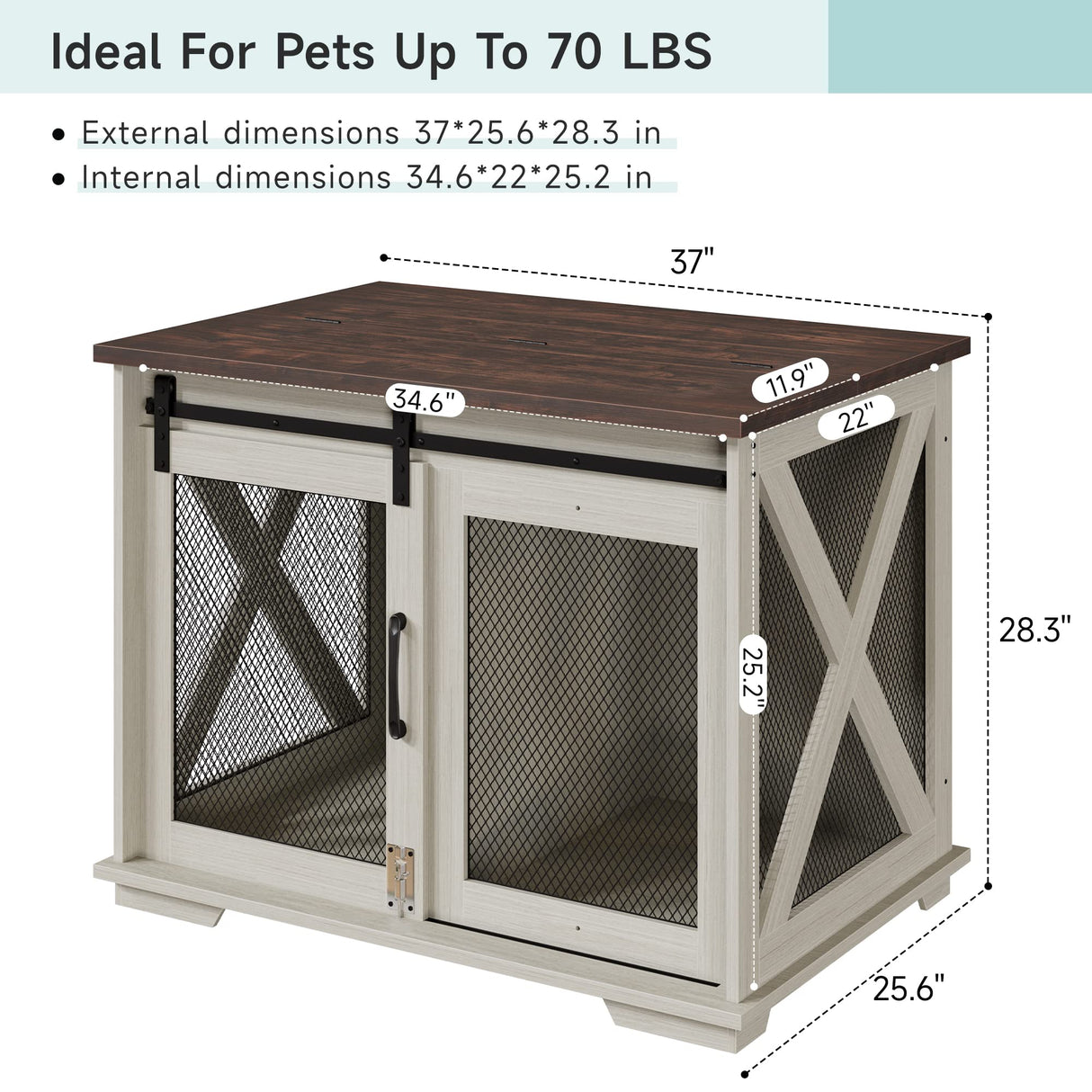 GAOMON 37'' Sliding Barn Door Dog Crate Furniture with Flip Top and Movable Divider, Wooden Dog Crate Table, Dog Kennel Side End Table, Furniture Style Large Dog House, White GAOMON