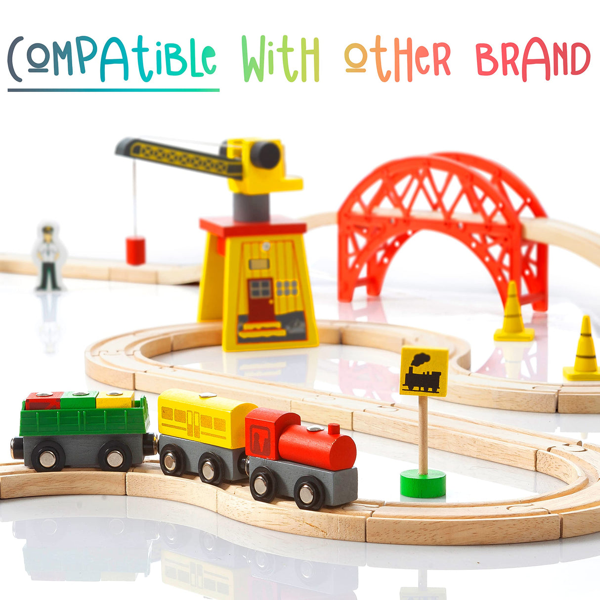 KipiPol Wooden Train Sets for Boys 2-4-7 – 38 Pcs Wood Train Set for Toddlers w/Crane, Bridge & Wooden Train Tracks – Train Toys for 3 Year Old Boys Kipipol
