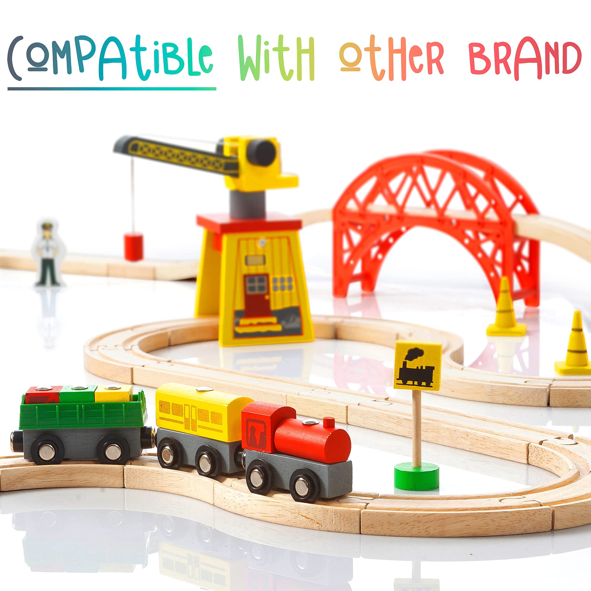 KipiPol Wooden Train Sets for Boys 2-4-7 – 38 Pcs Wood Train Set for Toddlers w/Crane, Bridge & Wooden Train Tracks – Train Toys for 3 Year Old Boys - WoodArtSupply