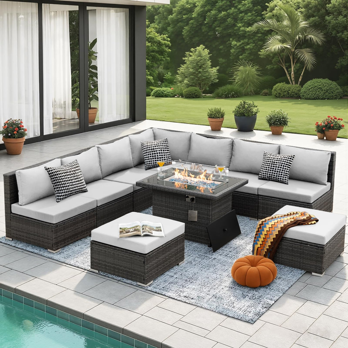 NICESOUL 10 Piece Modern Outdoor Patio Furniture Set with Firepit Natural Gas Propane Convertible, 29.3'' High Back Extra Large Size Wicker Conversation, Deep Wide Comfortable Couch for Outside, Grey NICESOUL