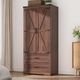 Hlivelood 2 Doors Wardrobe Armoire Closet with Doors and Drawers, Farmhouse Wooden Armoire Storage Cabinet with Shelves & Hanging Rod for Bedroom, Brown Hlivelood