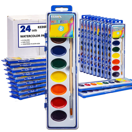 Watercolor Paint Sets Bulk Pack of 24, Ezzgol 8 Colors Washable Paint Sets for Kids, Quality Water Color Wooden Brushes, Perfect for Preschool Classroom , Children's Art School , Birthday Party Favors and Valentines Gifts Ezzgol