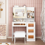 Makeup Vanity Desk with Sliding Mirror and Lights, 4 Drawers & Charging Station, LED Light, Vanity Table with Adjustable Brightness & 3 Colour Light Modes, Dresser Desk and Cushioned Stool Set, White Vabches