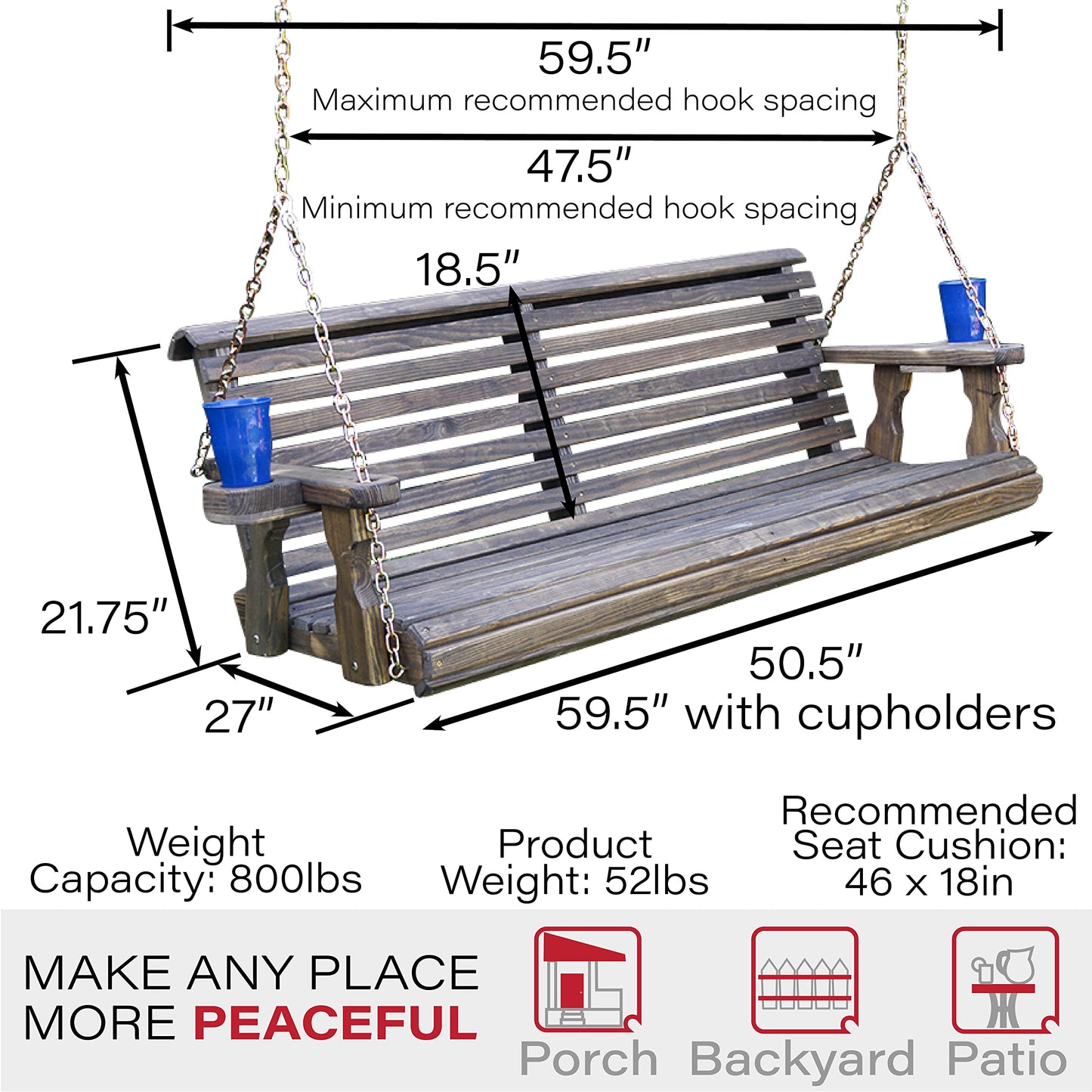 Amish Casual Heavy Duty 700 Lb Roll Back Treated Porch Swing with Hanging Chains and Cupholders (5 Foot, Dark Walnut Stain) - WoodArtSupply