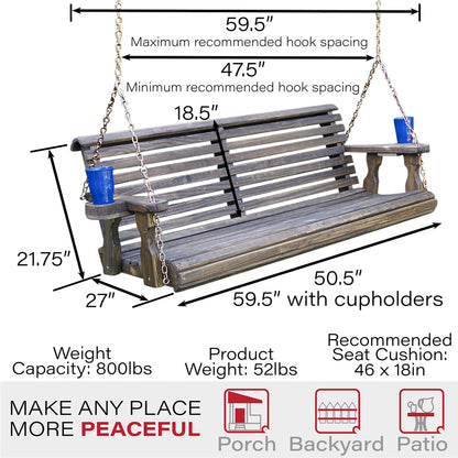 Amish Casual Heavy Duty 700 Lb Roll Back Treated Porch Swing with Hanging Chains and Cupholders (5 Foot, Dark Walnut Stain) - WoodArtSupply