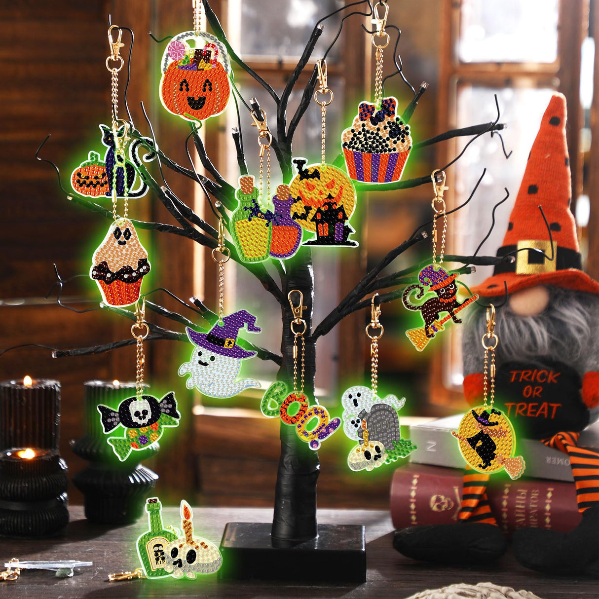 WILLBOND 30 Pcs Glow in Dark Halloween Diamond Art Keychain Ornaments DIY Double Sided Halloween Luminous Diamond Painting Keychain Kits for Adults Key Ring Art Pendant Tree Decor WILLBOND