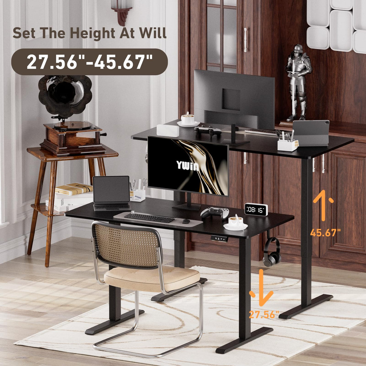 Ywin Electric Height Adjustable Standing Desk, Sit Stand Desk Workstations with Hook, Ergonomic Desk for Home Office Stand Up Desk with Wheels (Black, 48 * 24 inch) Ywin