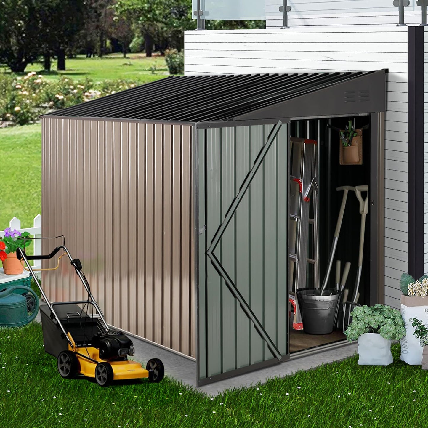 GRAVFORCE Outdoor Storage Shed 4 x 8 FT, Metal Garden Sheds Tool Shed Outdoor Storage Lean to Shed with Single Lockable Door for Patio, Backyard, Outdoor (Brown) - WoodArtSupply