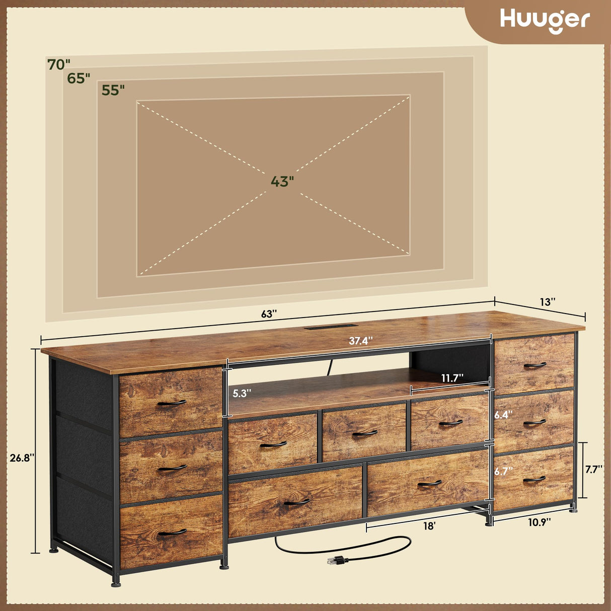 Huuger 63 Inch TV Stand for 65, 70 Inch TV, 11 Drawer Long Dresser with Power Outlets and LED Lights, Entertainment Center with Storage, Rustic Brown Dresser with PU Leather Surface Huuger