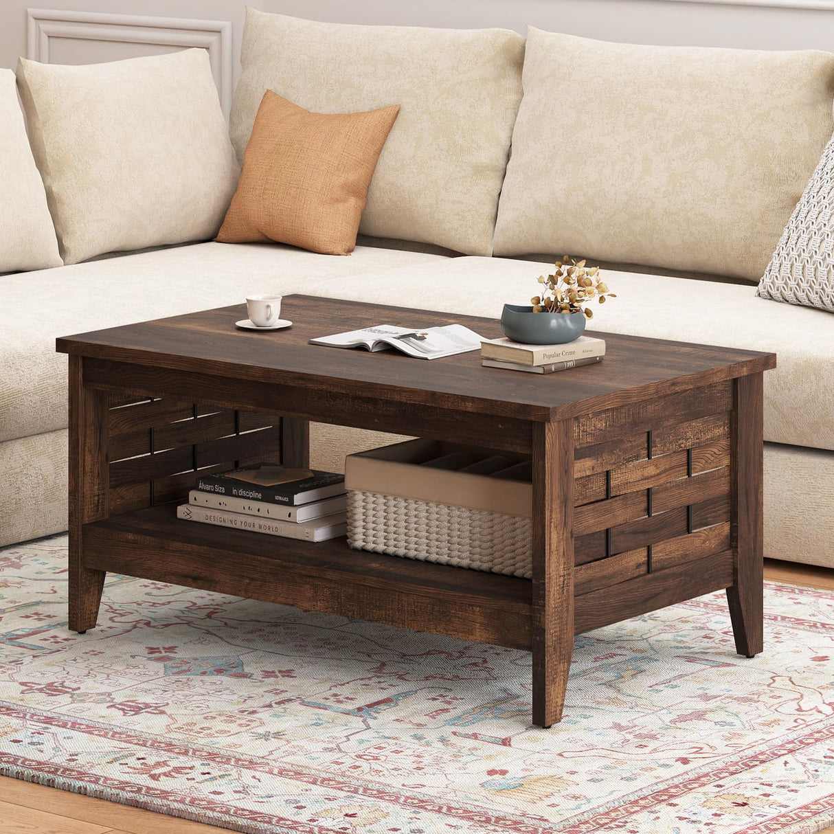Giantex Farmhouse Coffee Table, 2-Tier Center Table with Storage Open Shelf & Woven Slatted Design, 39.5" Rectangular Accent Cocktail Table, Wood Coffee Tables for Living Room (Rustic Brown) Giantex