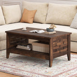 Giantex Farmhouse Coffee Table, 2-Tier Center Table with Storage Open Shelf & Woven Slatted Design, 39.5" Rectangular Accent Cocktail Table, Wood Coffee Tables for Living Room (Rustic Brown) Giantex