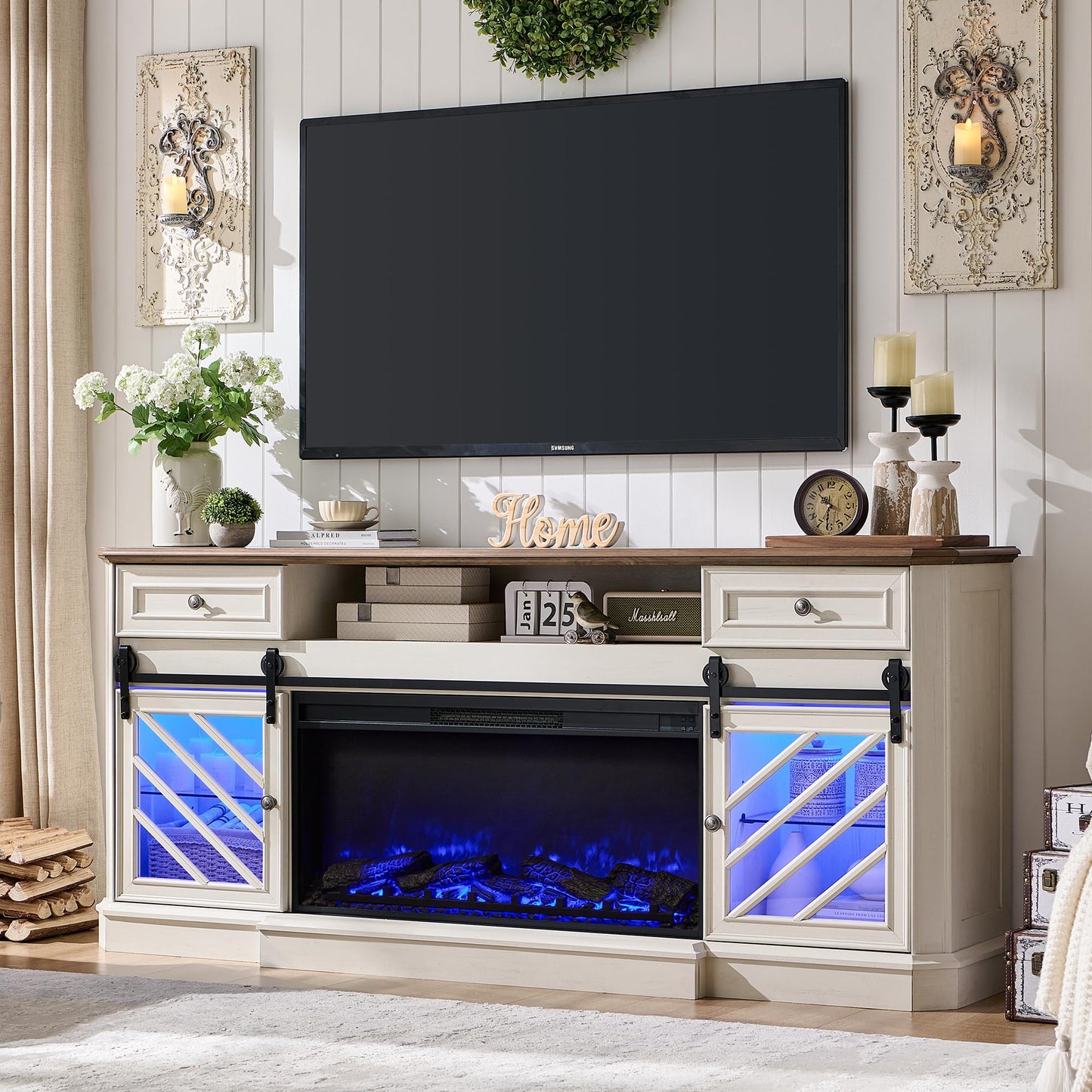 RedLemon Farmhouse Fireplace TV Stand for 85 Inch TV, 32” Tall Highboy Entertainment Center w/36” Electric Fireplace, Modern Media Console w/Drawers Storage for Living Room, Antique White