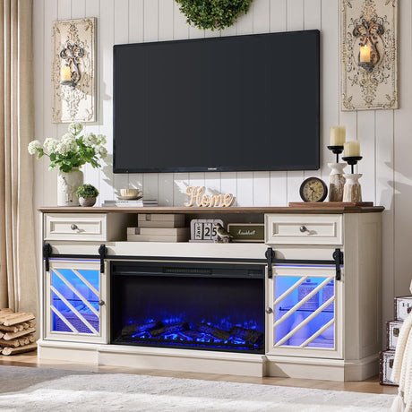 RedLemon Farmhouse Fireplace TV Stand for 85 Inch TV, 32” Tall Highboy Entertainment Center w/36” Electric Fireplace, Modern Media Console w/Drawers Storage for Living Room, Antique White RedLemon