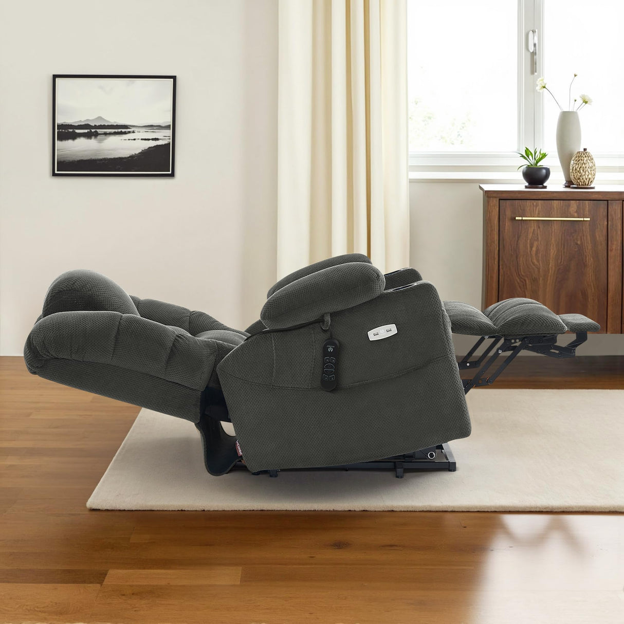 MCombo Large Triple Motor Power Lift Recliner Chair with Massage and Dual Heating, Adjustable Headrest for Tall Elderly People, Fabric 7634 (Grey, Large) MCombo