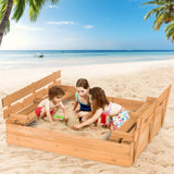HONEY JOY Sandbox with Cover, 47x47 in Cedar Bottomless Sand Pit for Backyard Deck Patio Lawn, 2 Foldable Bench for Sand Protection, Square Wooden Sand Boxes for Kids Outdoor with Lid HONEY JOY