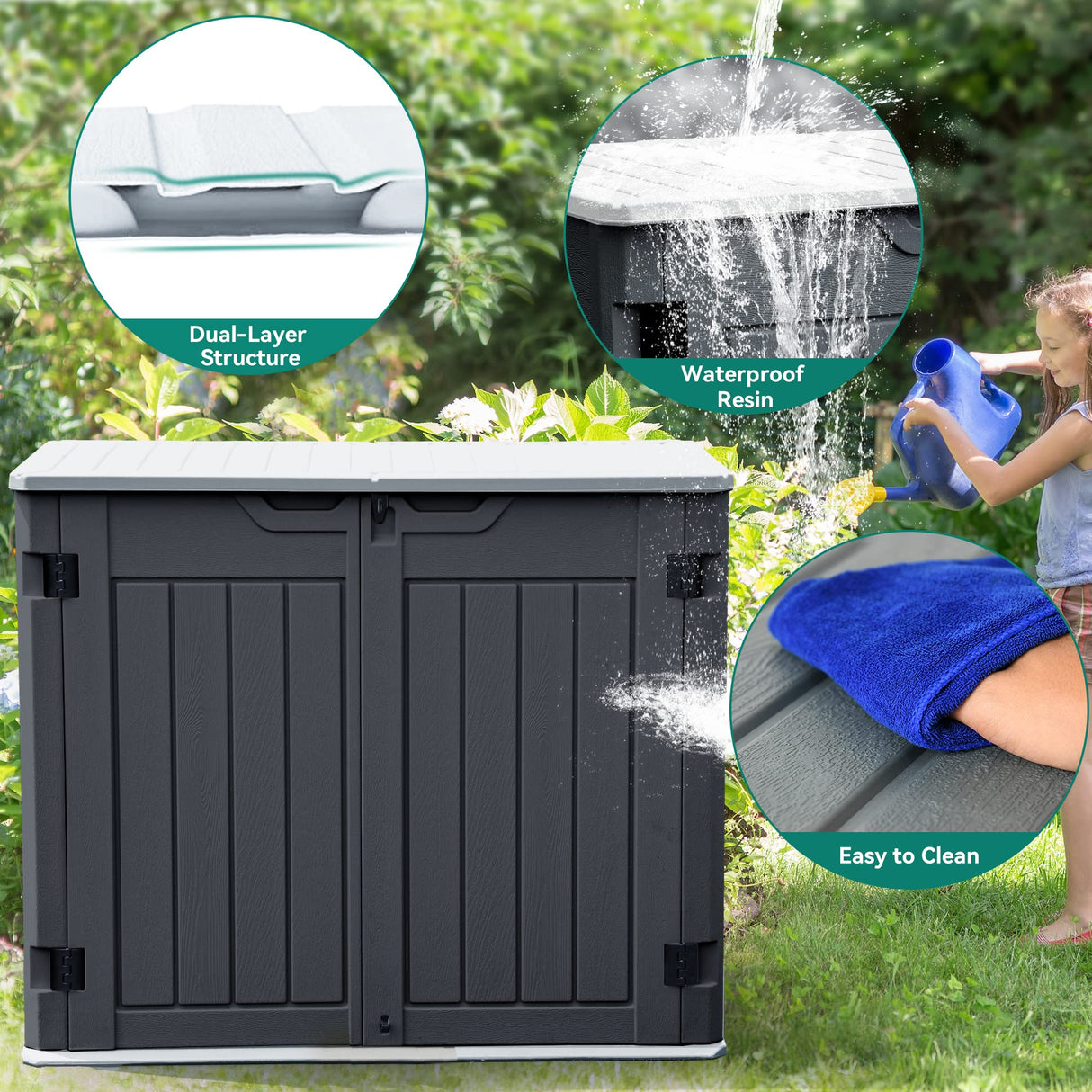 YITAHOME Outdoor Horizontal Storage Sheds w/o Shelf, Weather Resistant Resin Tool Shed, Multi-Opening Door for Storage of Bike, Trash Cans, Garden Tools, 35 cu ft, Waterproof, Lockable, Dark Gray YITAHOME