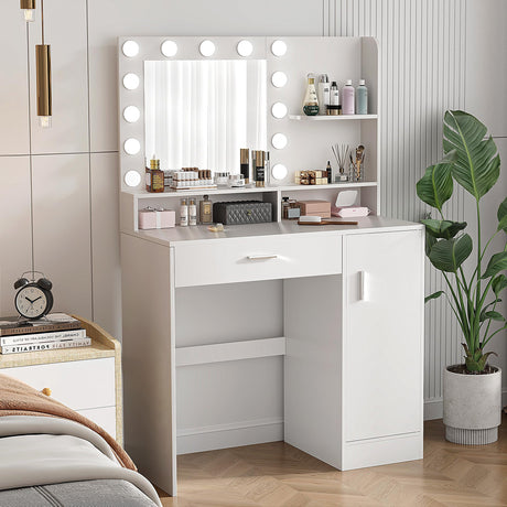 Vanity Desk with Mirror & Lights, White Makeup Desk with Drawers & Cabinet, 3 Lighting Modes & 10 Brightness, Vanity for Bedroom & Dressing Room Decofy