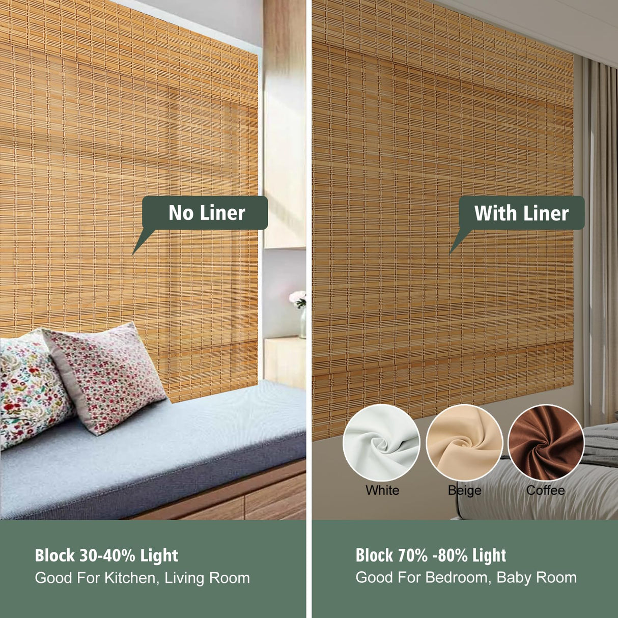 Comzone Blinds Cordless Blackout Bamboo Roman Shades, Easy Installation Natural Woven Wood Shades, Great Privacy Lined Bamboo Blinds for Windows, Camel Comzone Blinds