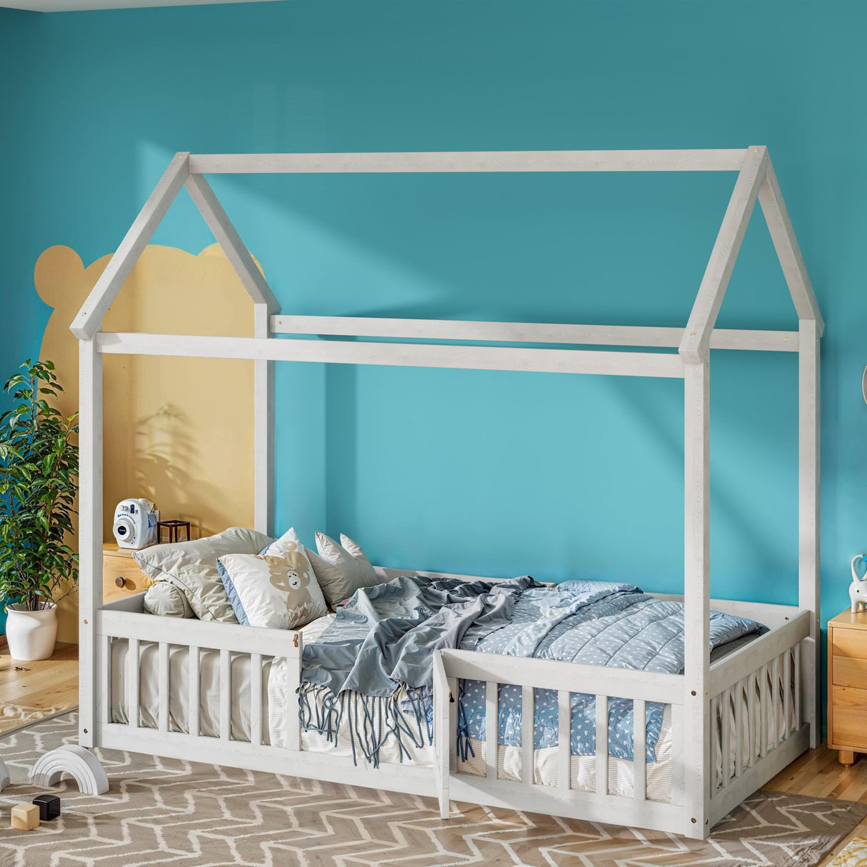 Merax Twin Size White House Bed with Fenced Design and Playful Door Merax