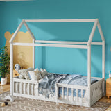 Merax Twin Size White House Bed with Fenced Design and Playful Door Merax