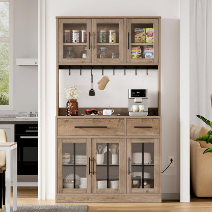 YITAHOME 71" Farmhouse Kitchen Pantry Storage Cabinet with Power Outlet, Freestanding Hutch Cabinet with Microwave Stand & Adjustable Shelves, Cupboard Pantry Cabinet with Large Countertop, Lvory Grey