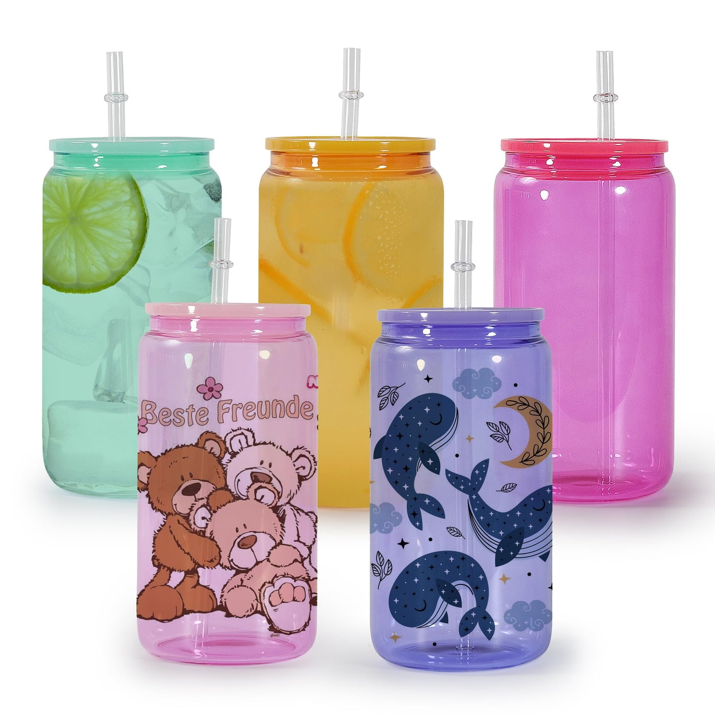 sweet grain Sublimation Glass Cups with Acrylic Lids and Straws(5 Pack) - 16oz Colored Sublimation Glass Blanks, Jelly Glass Can for Iced Coffee, Juice, Soda - Multicolor