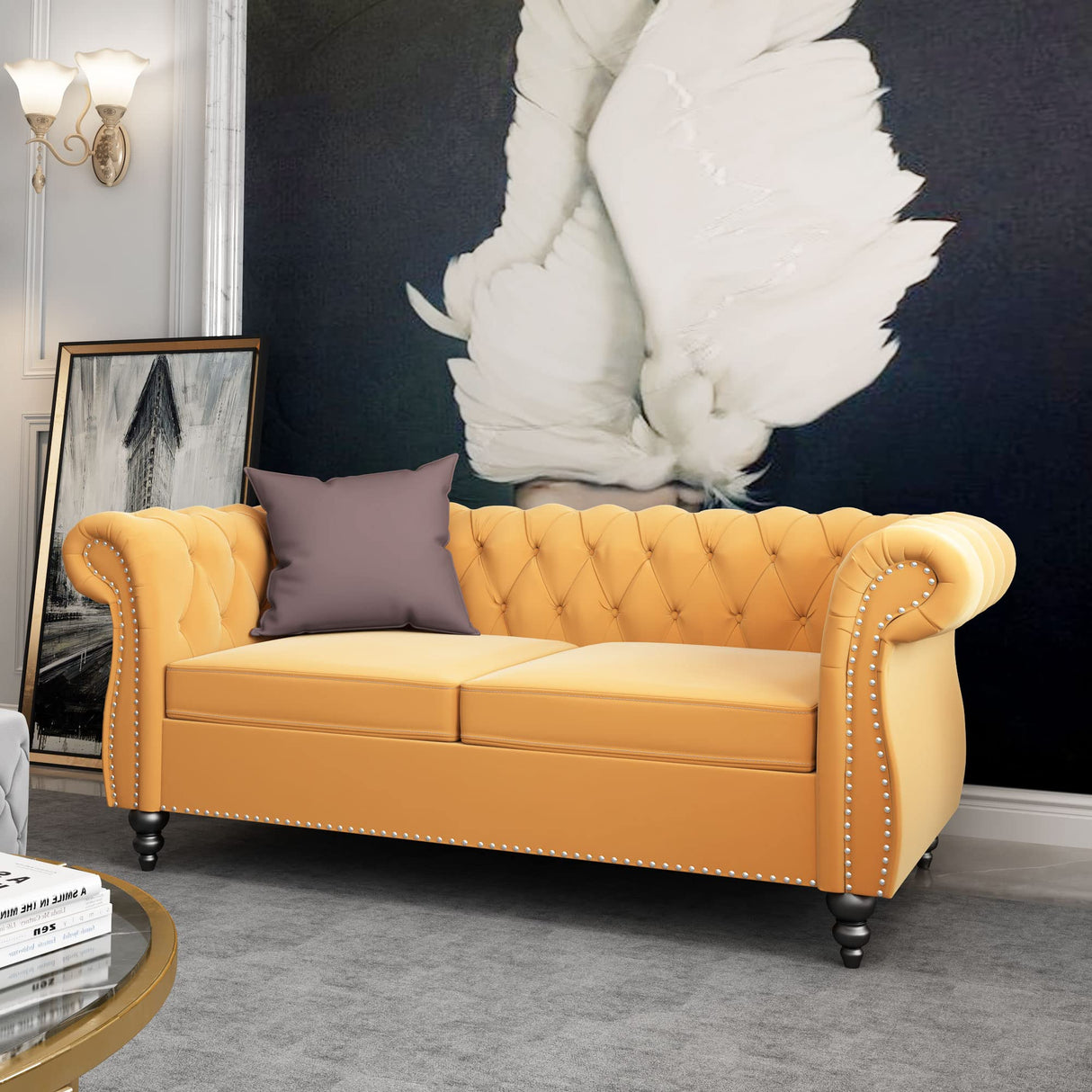 Chesterfield Loveseat, Modern Velvet Sofa Tufted Couch 2 Seater with Scroll Arms and Nailhead for Living Room, Bedroom, Office, Apartment (Mango) ORRD