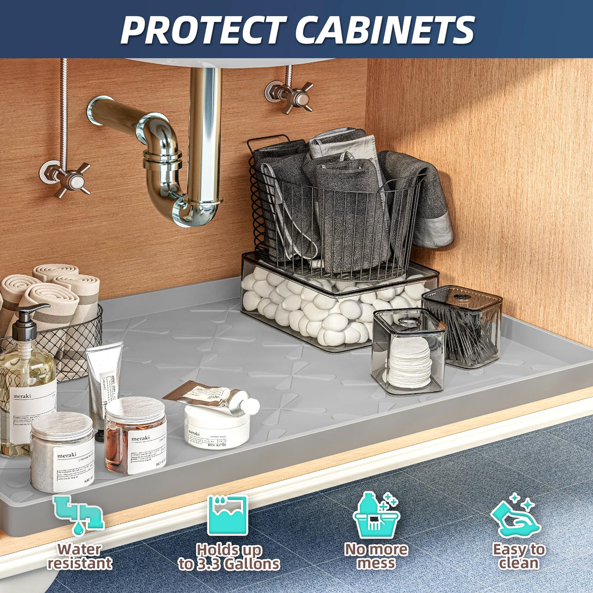 SIKADEER 34" x 22" Under Sink Mat Waterproof, Silicone Mat Kitchen Drawer Shelf and Cabinet Liner, Sink Protector for Kitchen Organizers and Storage, Boot Tray Pet Food Mats SIKADEER