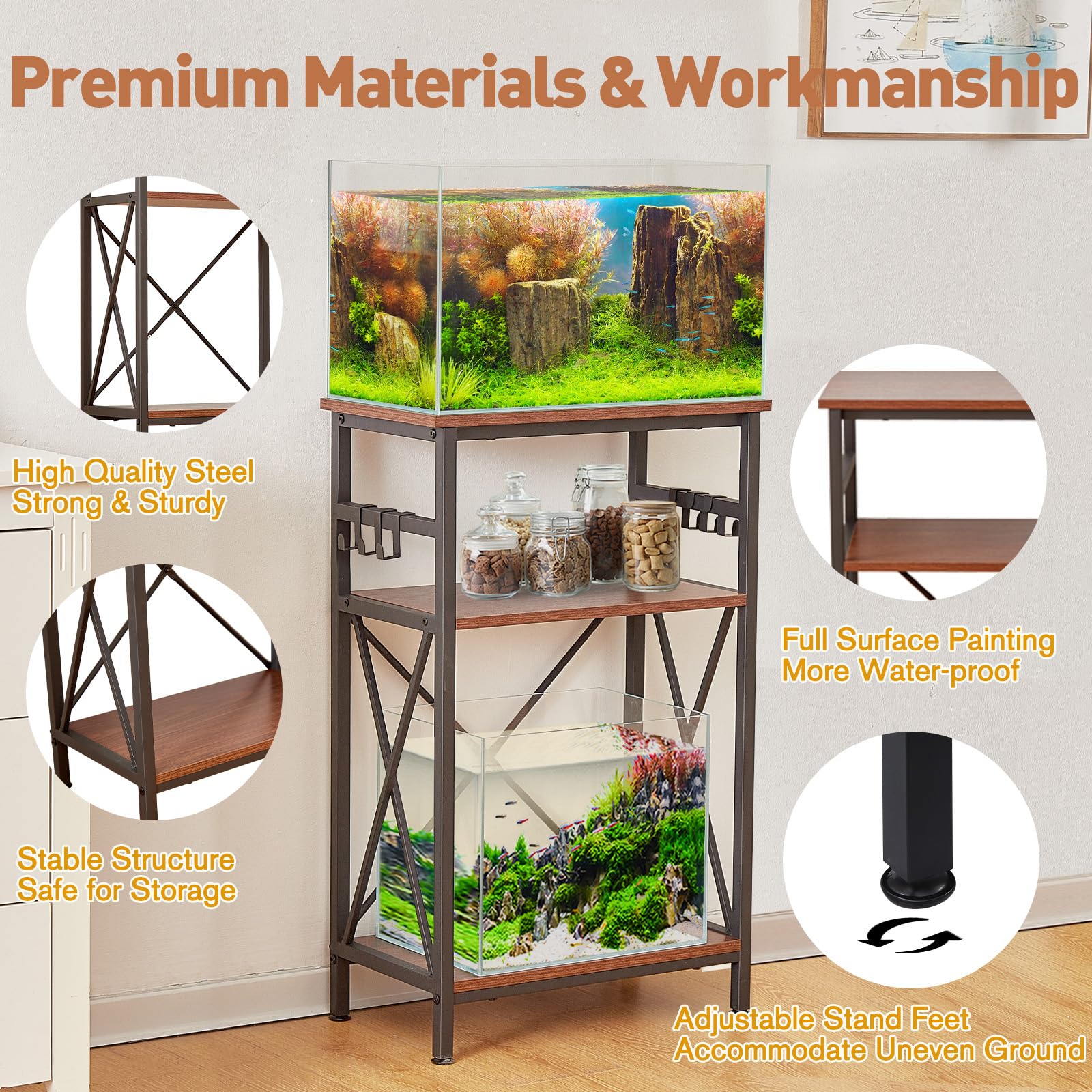 LAQUAL 10 Gallon Fish Tank Stand with Shelf, Double Aquarium Stand for 10&5 Gal Fish Tank, 3-Tier Heavy Metal Stand with Stable Structure, Adjustable Table Feet&Anti-tilt Device - Walnut Brow - WoodArtSupply