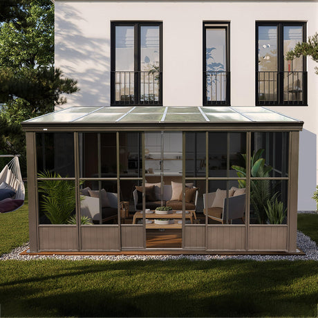 Domi Lean-to Sunroom 12x14FT, Wall Mounted Solarium with Sloping Polycarbonate Roof, Detachable Polycarbonate Screens, 2 Lockable Sliding Doors, Aluminum Gazebo Against Wall Sun Room for Patio Deck domi outdoor living