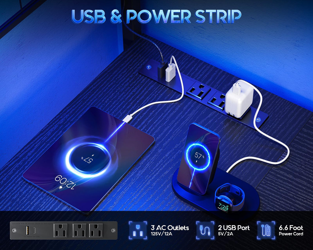 MOTPK L Shaped Gaming Desk with Shelf & 4 Drawers, 43" Reversible Computer Desk with LED Light, Home Office Table with Hutch and Hook, Black MOTPK